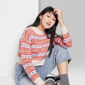 Womens Fair Isle Crewneck Cropped Pullover Sweater